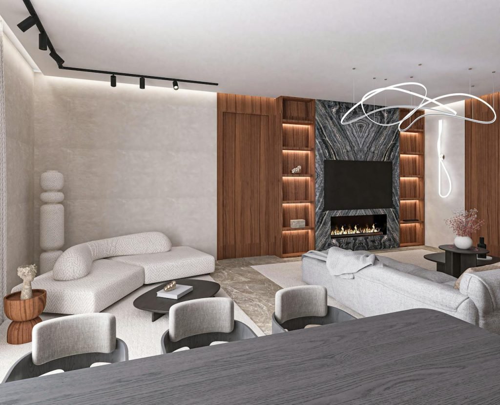 Sophisticated modern living room with elegant furniture and minimalist design, showcasing luxury aesthetics.